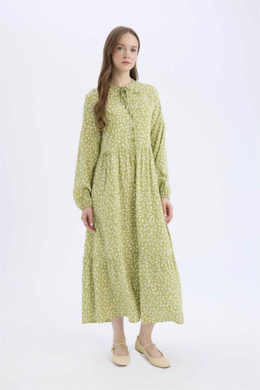 Kadın Bej Bisiklet Yaka Desenli Viskon Uzun Kollu Maxi Elbise