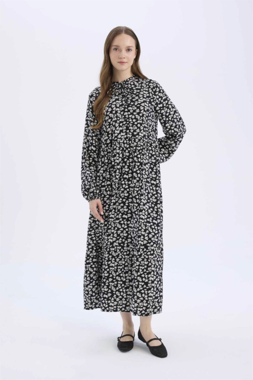 WOMAN Black Crew Neck Printed Viscose Dress