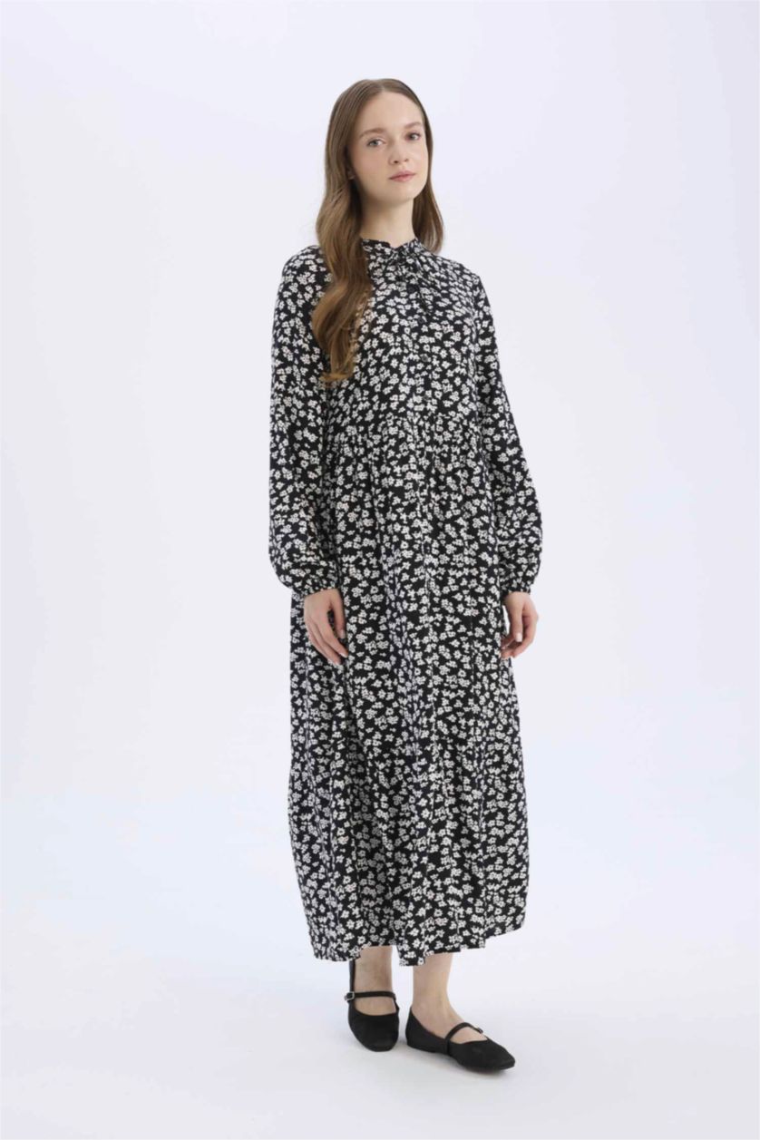 WOMAN Black Crew Neck Printed Viscose Dress