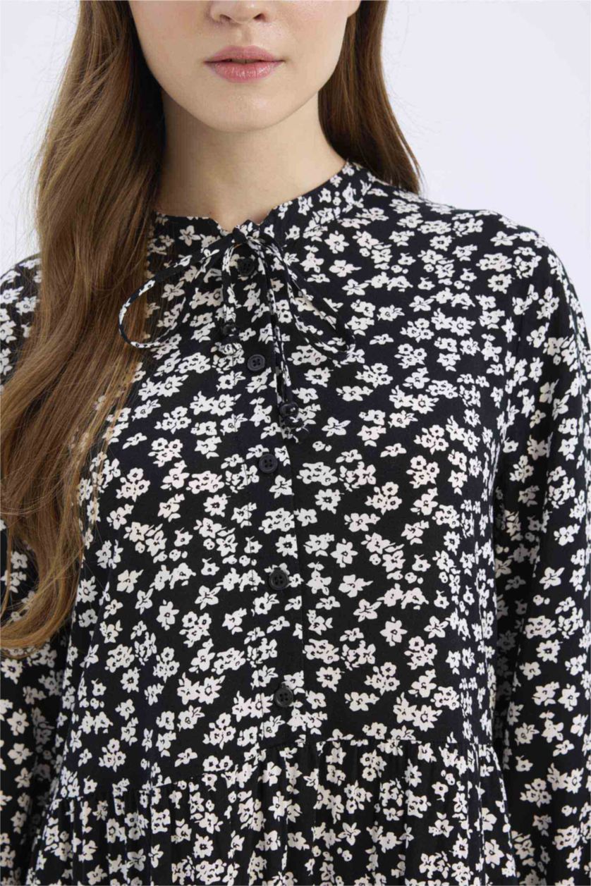 WOMAN Black Crew Neck Printed Viscose Dress