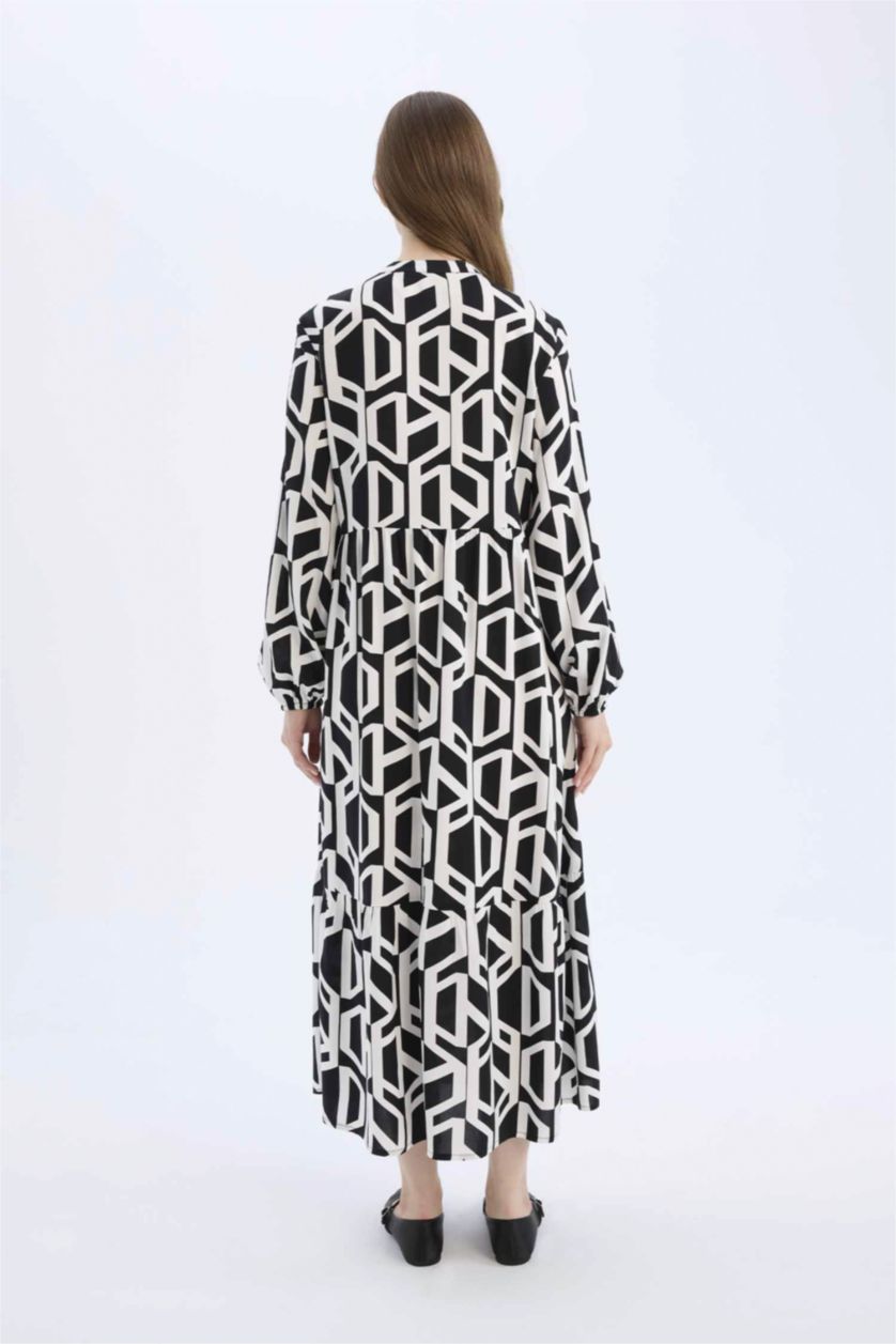 نساء بيج فاتح فستان ردن طويل مطبوع فيسكوز بياخة مستديرة