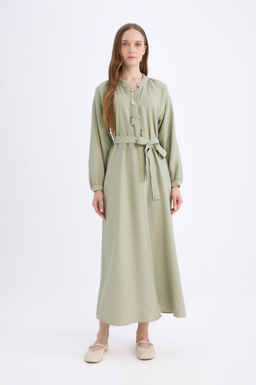Woman Light Khaki Relax Fit Long Sleeve Belted Maxi Dress