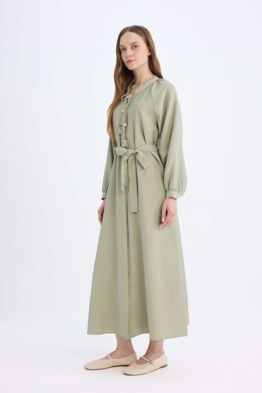 Woman Light Khaki Relax Fit Long Sleeve Belted Maxi Dress