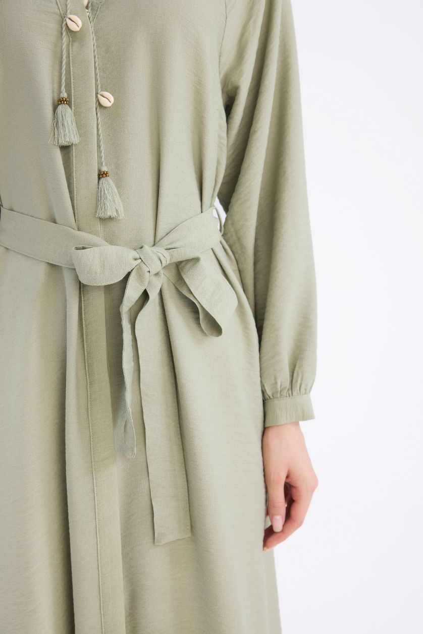 Woman Light Khaki Relax Fit Long Sleeve Belted Maxi Dress