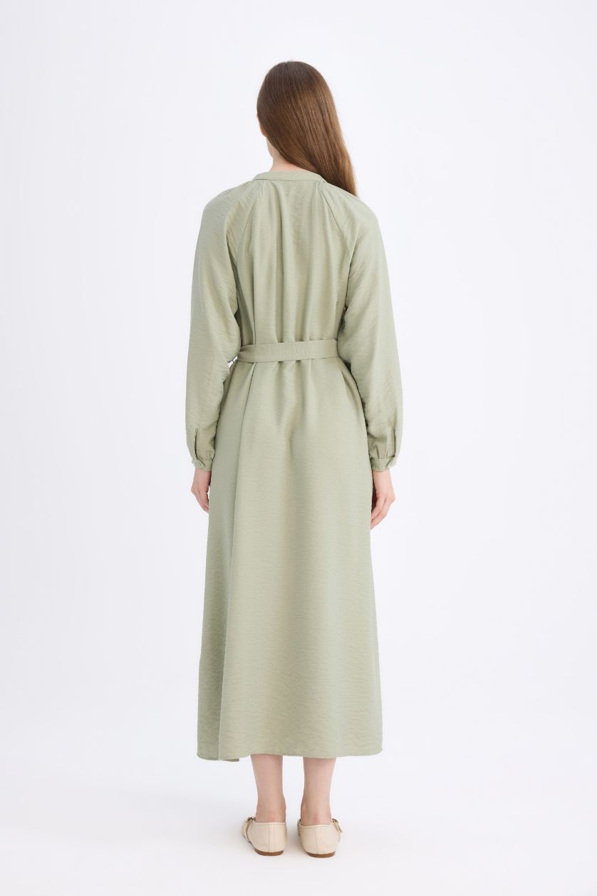 Woman Light Khaki Relax Fit Long Sleeve Belted Maxi Dress