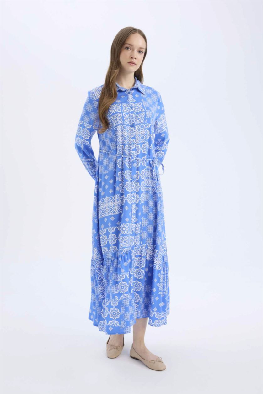 WOMAN Blue Shirt Collar Printed Viscose Dress