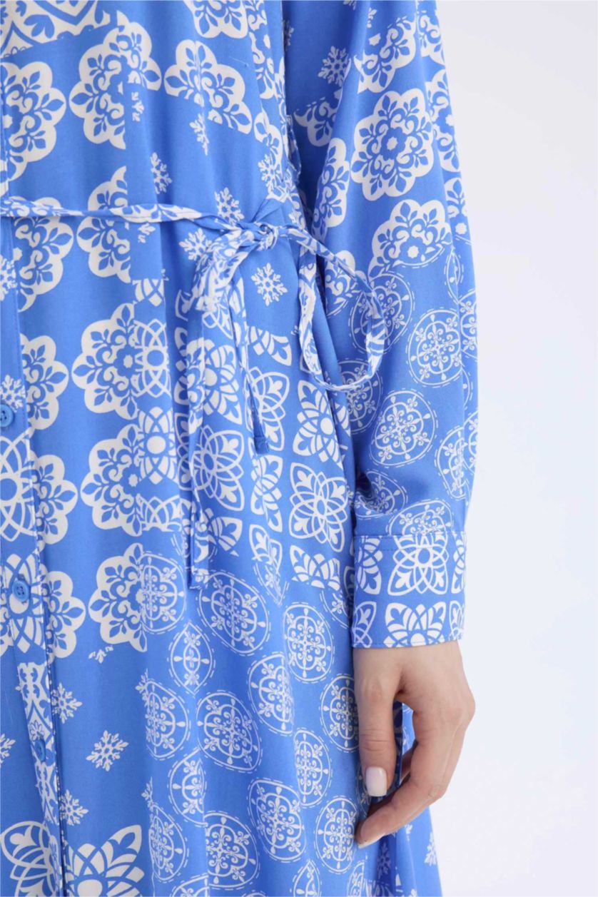 WOMAN Blue Shirt Collar Printed Viscose Dress