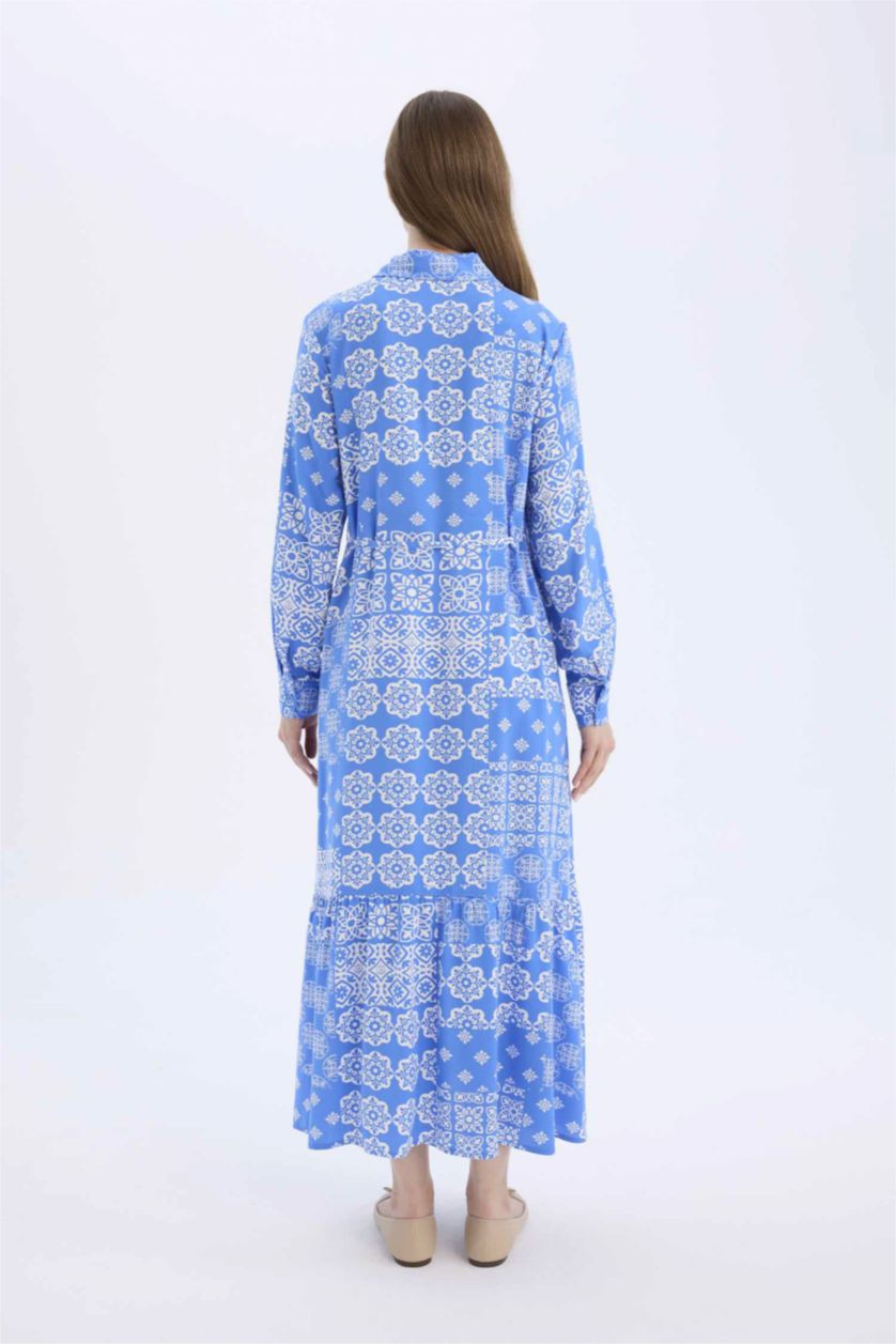 WOMAN Blue Shirt Collar Printed Viscose Dress