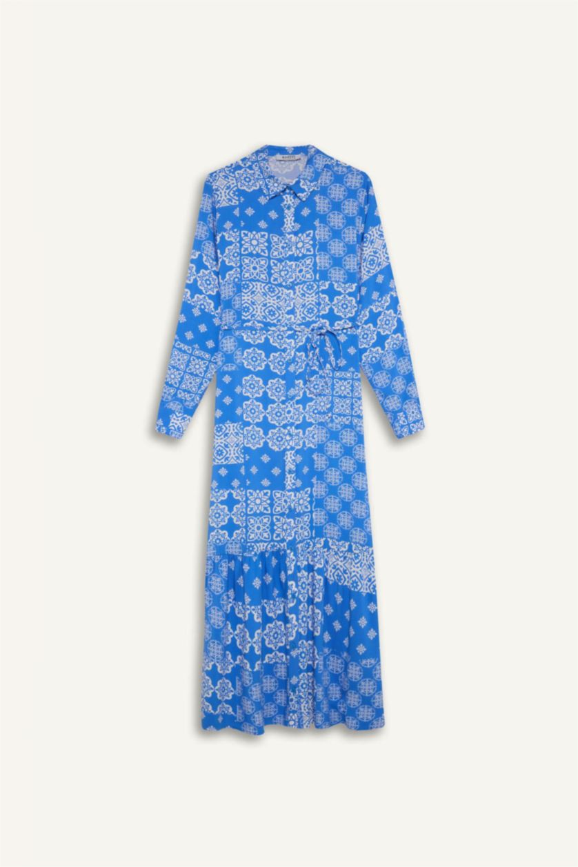 WOMAN Blue Shirt Collar Printed Viscose Dress