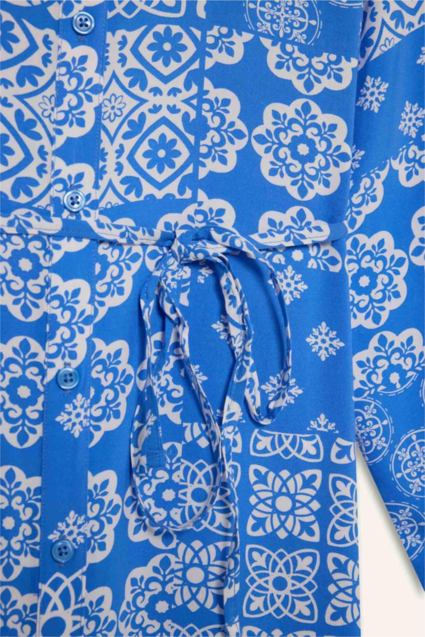 WOMAN Blue Shirt Collar Printed Viscose Dress
