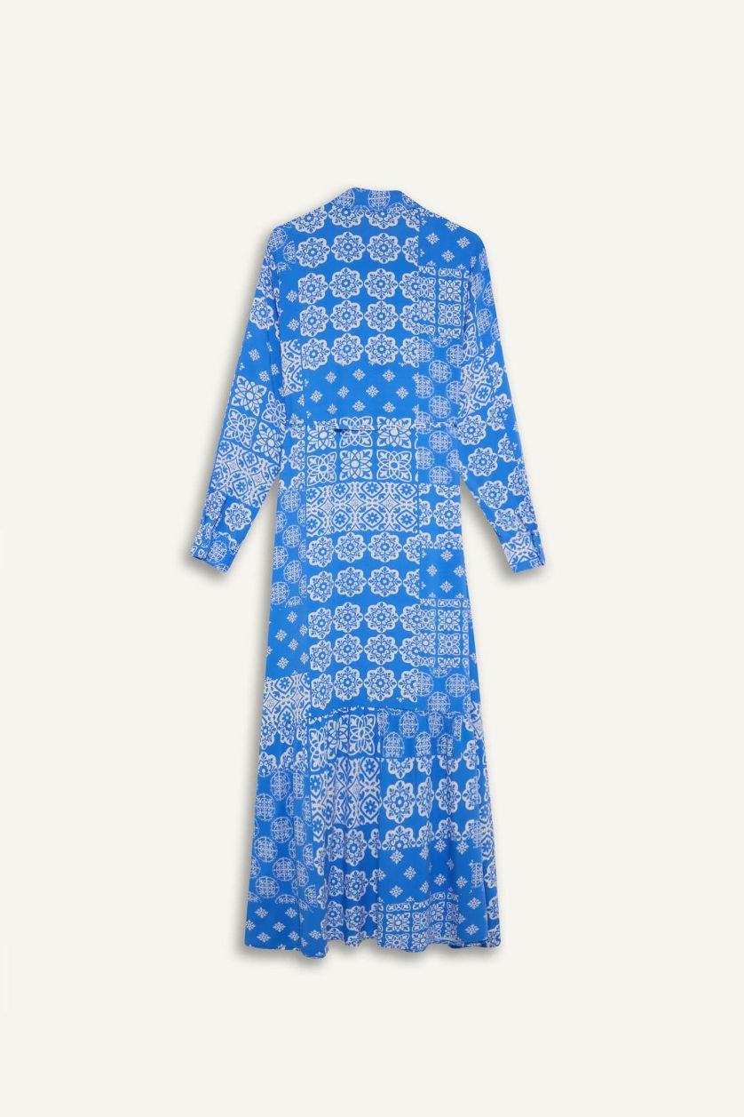 WOMAN Blue Shirt Collar Printed Viscose Dress