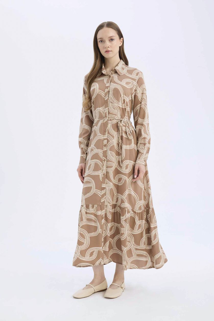 WOMAN Light Brown Shirt Collar Printed Viscose Dress