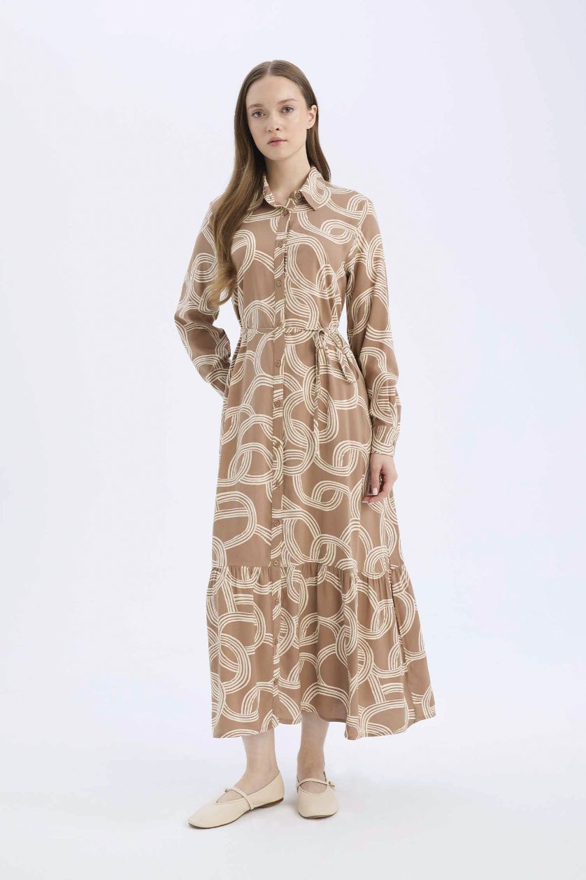 WOMAN Light Brown Shirt Collar Printed Viscose Dress