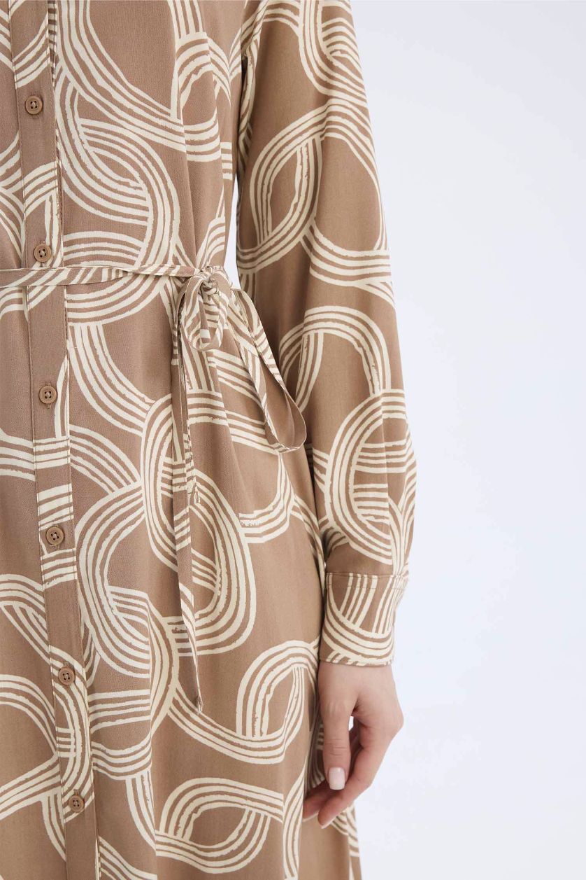 WOMAN Light Brown Shirt Collar Printed Viscose Dress