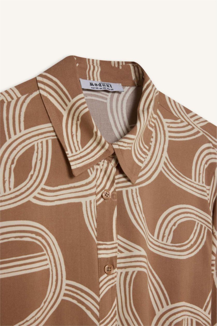 WOMAN Light Brown Shirt Collar Printed Viscose Dress