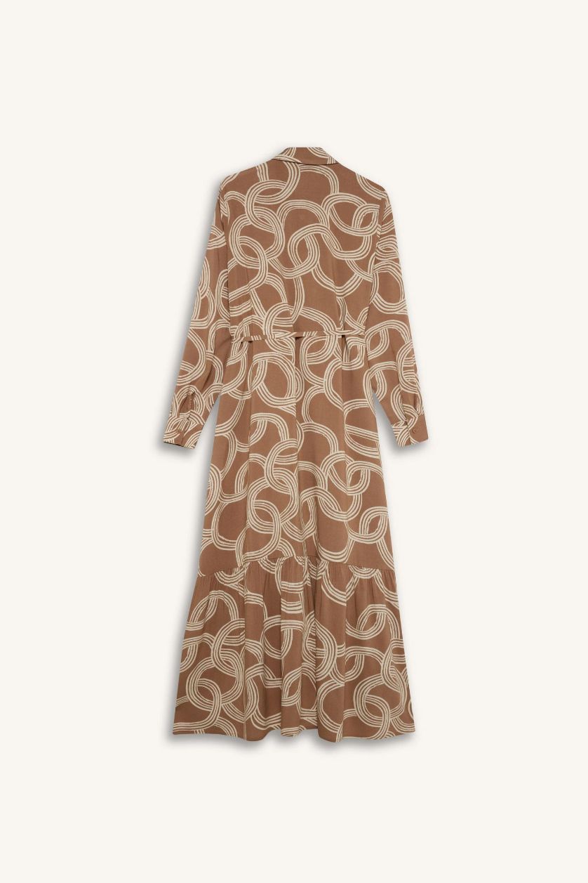 WOMAN Light Brown Shirt Collar Printed Viscose Dress