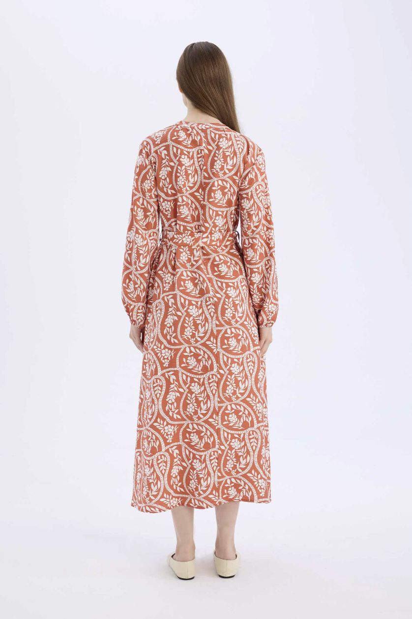 نساء اللون الطوبي فستان كم طويل مطبوعة فيسكوز قصة مريحة كم راجلان بياقة بشريط