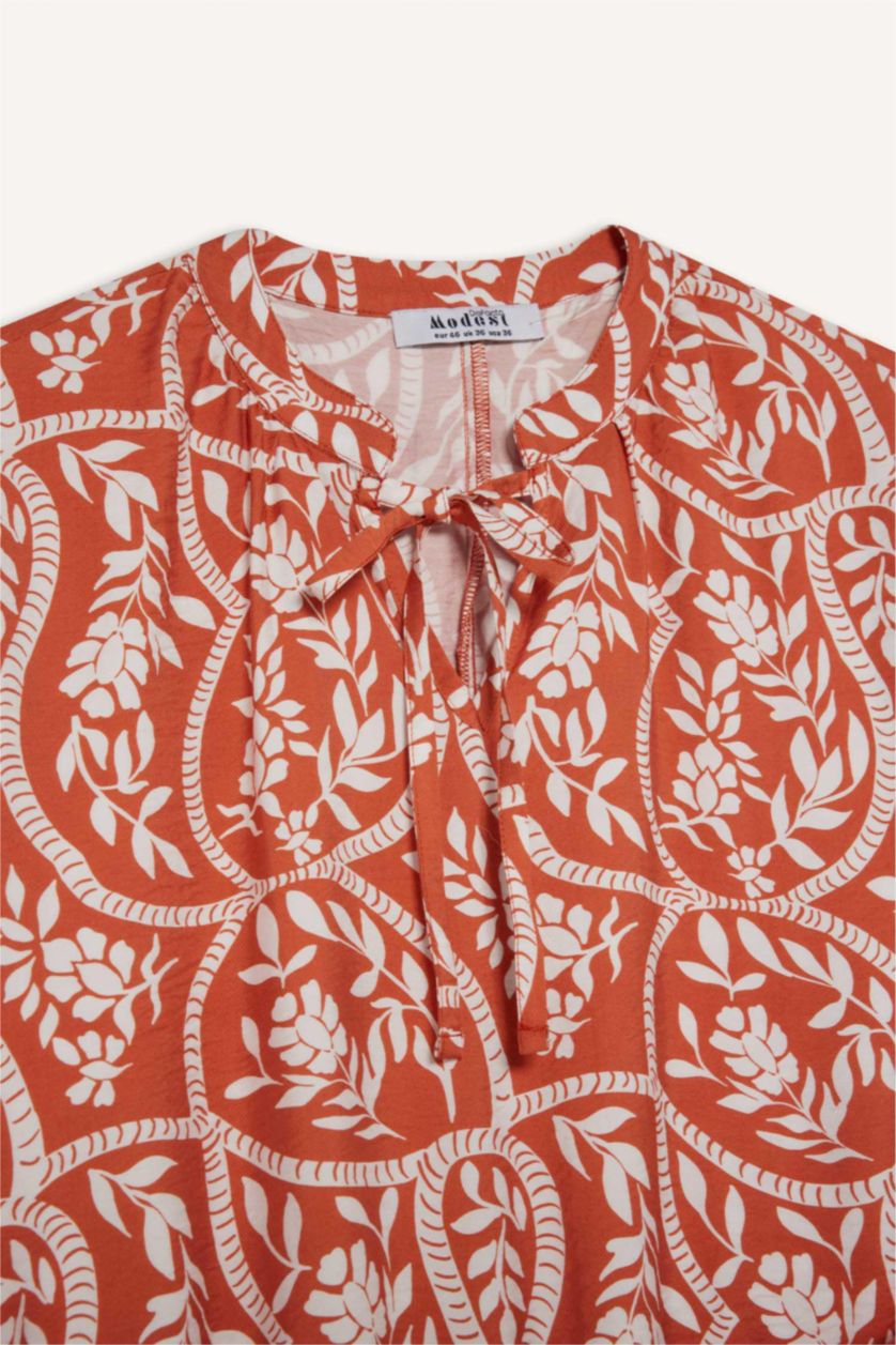 نساء اللون الطوبي فستان كم طويل مطبوعة فيسكوز قصة مريحة كم راجلان بياقة بشريط