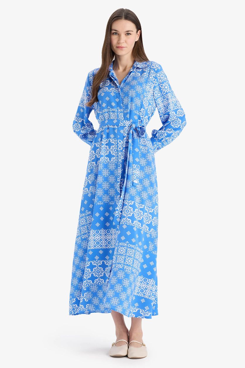 حريمي أزرق فستان طويل أزرق فيسكوز كم طويل مطبوع وياقة قميص