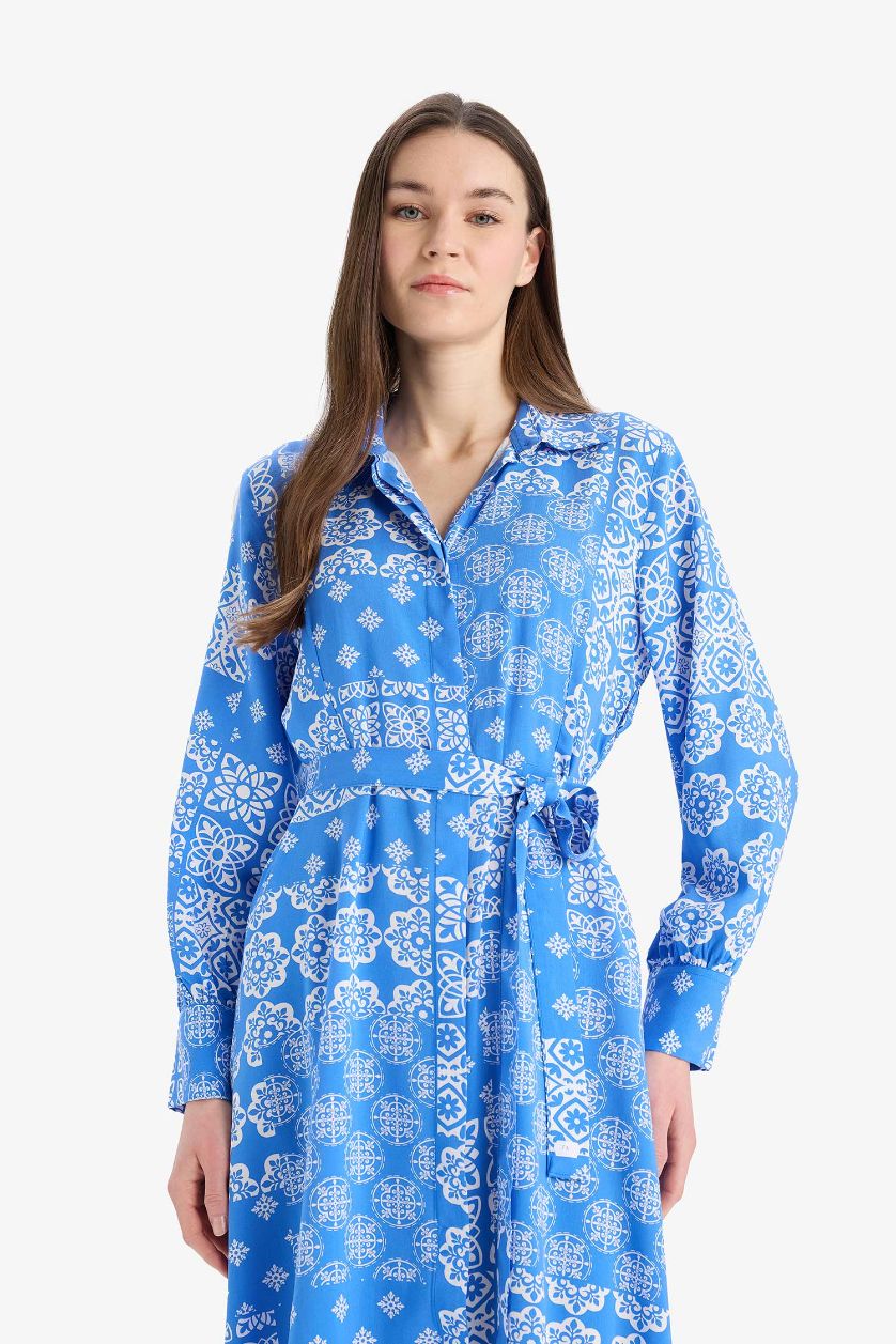 حريمي أزرق فستان طويل أزرق فيسكوز كم طويل مطبوع وياقة قميص