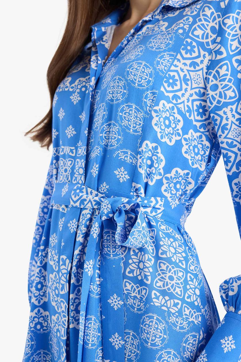 حريمي أزرق فستان طويل أزرق فيسكوز كم طويل مطبوع وياقة قميص