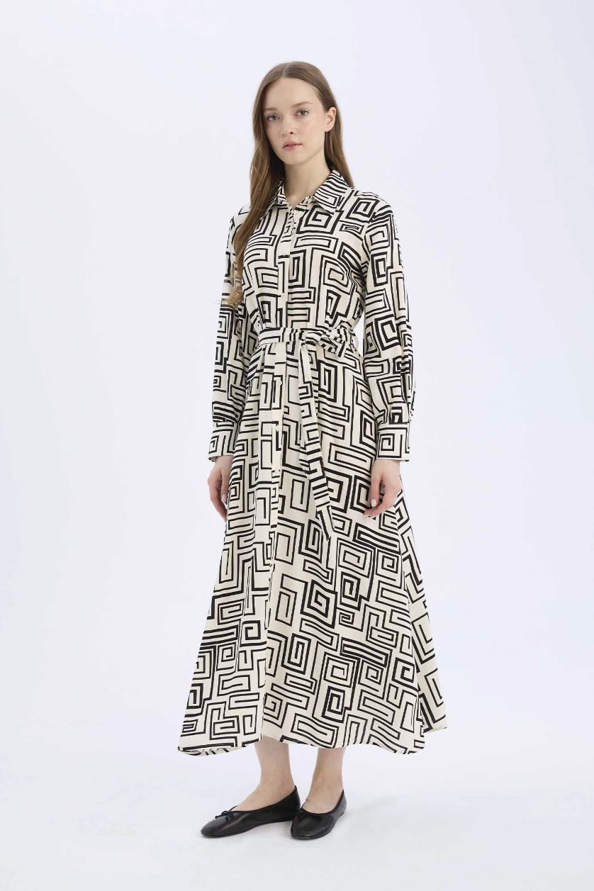 FEMME Noir Robe longue en viscose imprimée à manches longues et col chemise