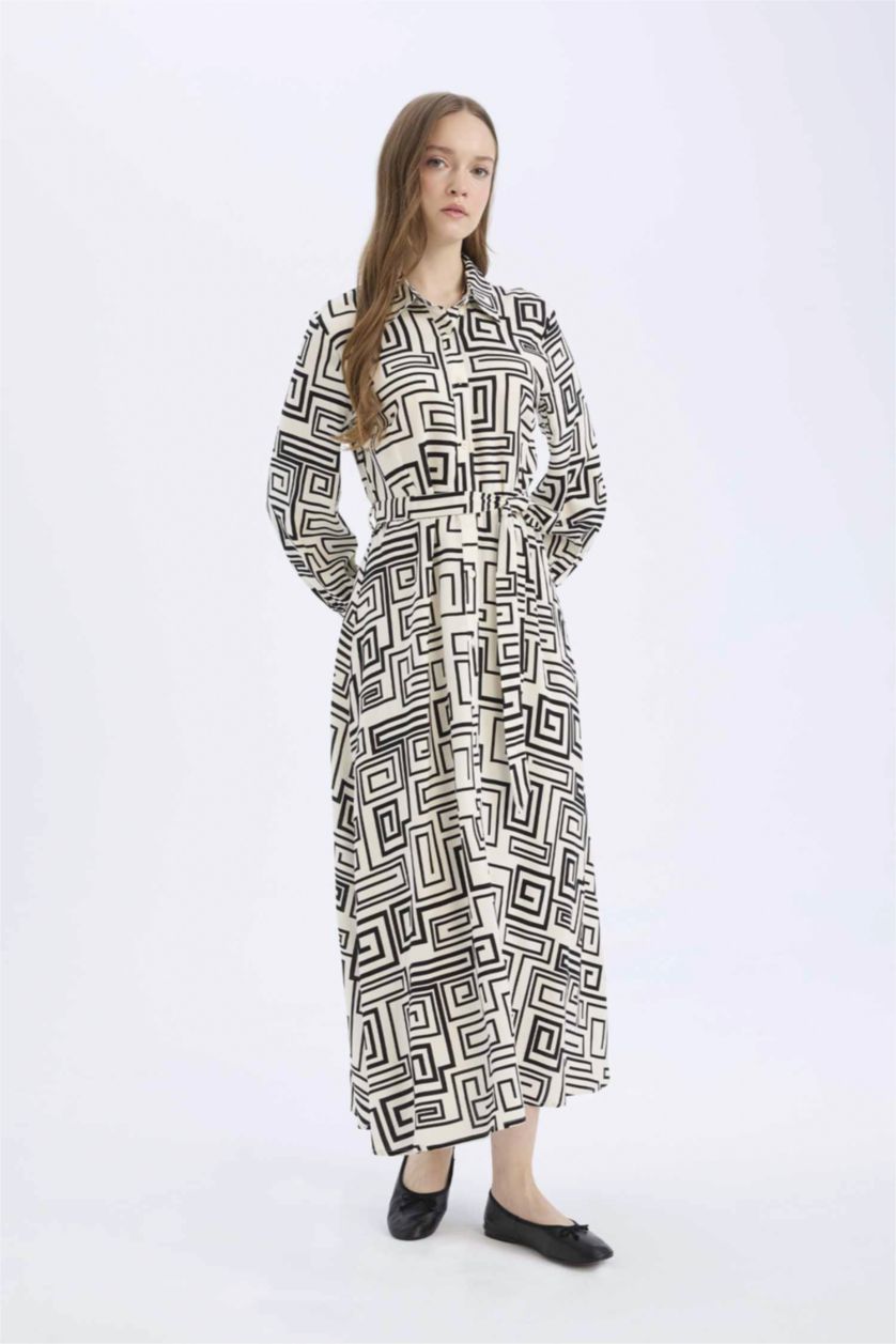 FEMME Noir Robe longue en viscose imprimée à manches longues et col chemise