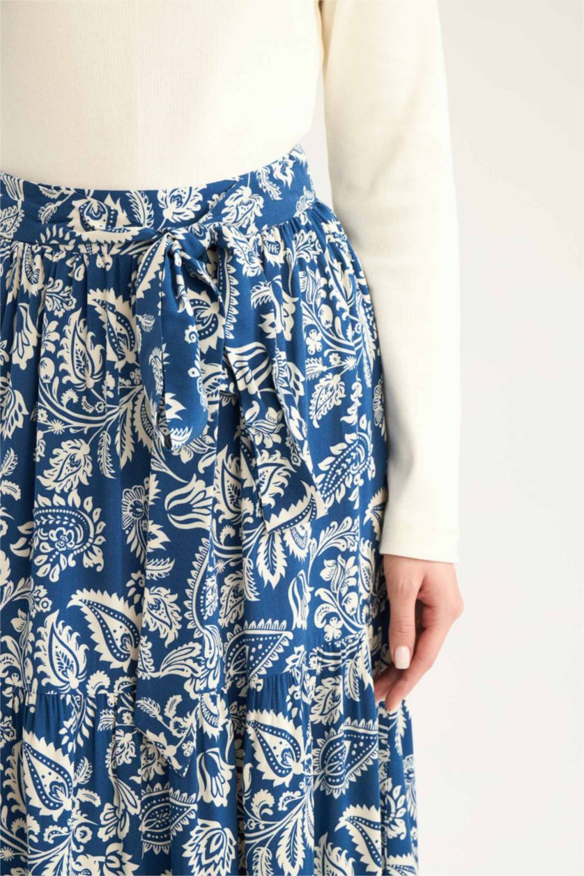 Kadın İndigo Desenli Beli Bağcıklı Viskon Maxi Etek