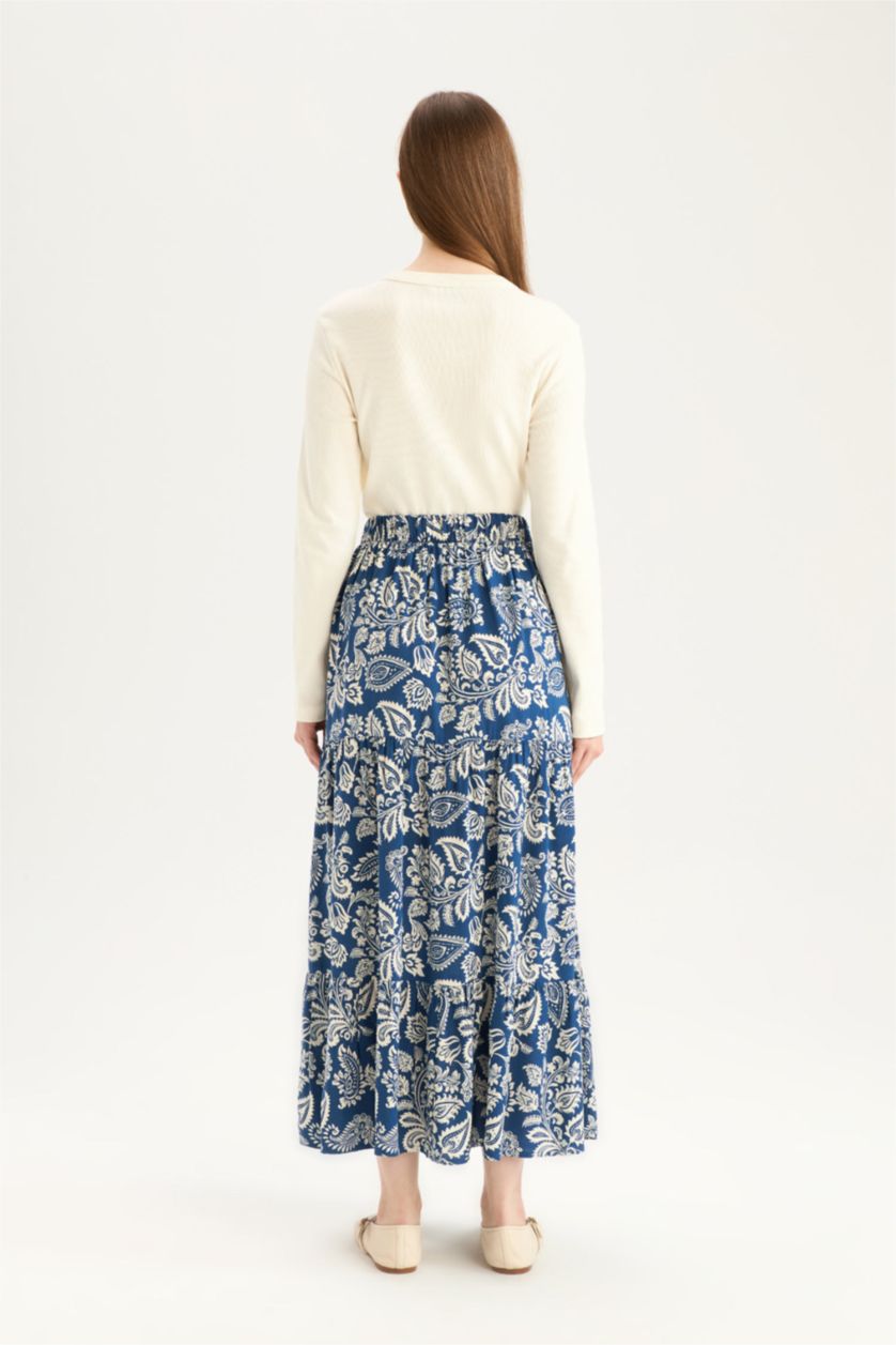 Kadın İndigo Desenli Beli Bağcıklı Viskon Maxi Etek