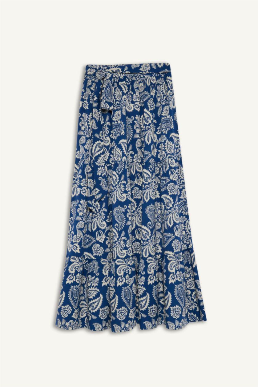 Kadın İndigo Desenli Beli Bağcıklı Viskon Maxi Etek