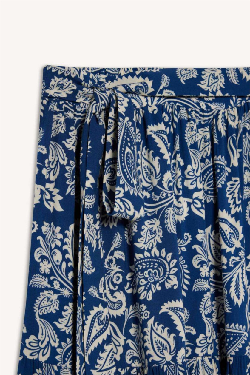 Kadın İndigo Desenli Beli Bağcıklı Viskon Maxi Etek