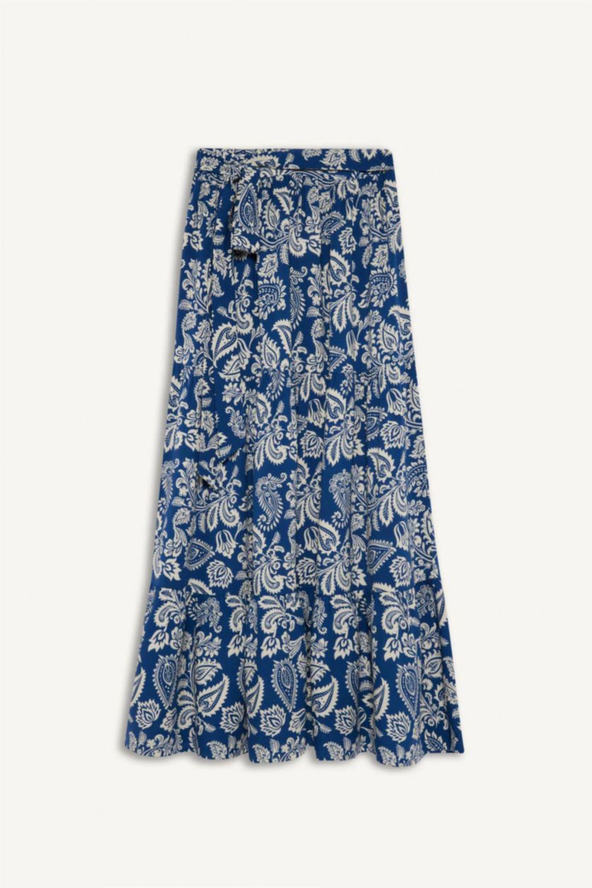 Kadın İndigo Desenli Beli Bağcıklı Viskon Maxi Etek
