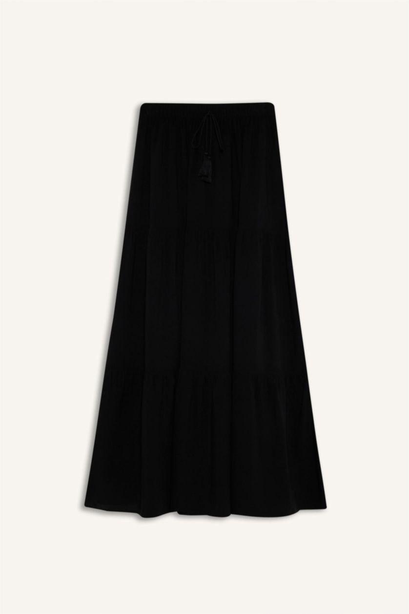 Kadın Siyah Beli Bağcıklı Viskon Maxi Etek