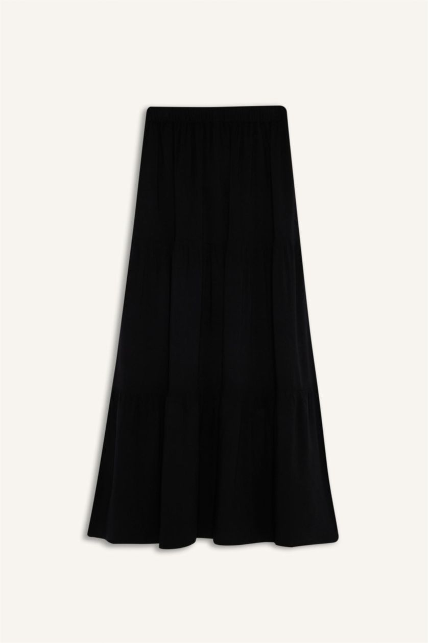 Kadın Siyah Beli Bağcıklı Viskon Maxi Etek