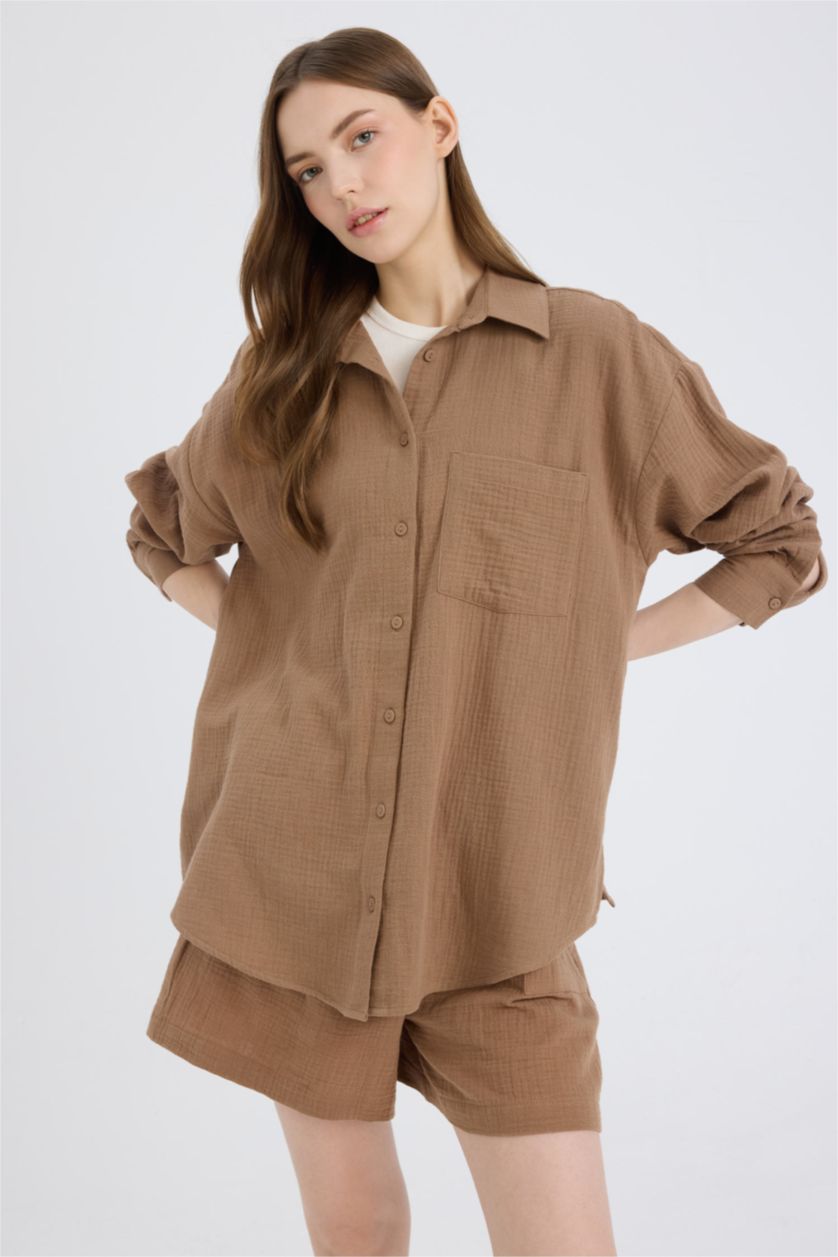 FEMME Marron Clair Chemise oversize en mousseline à manches longues