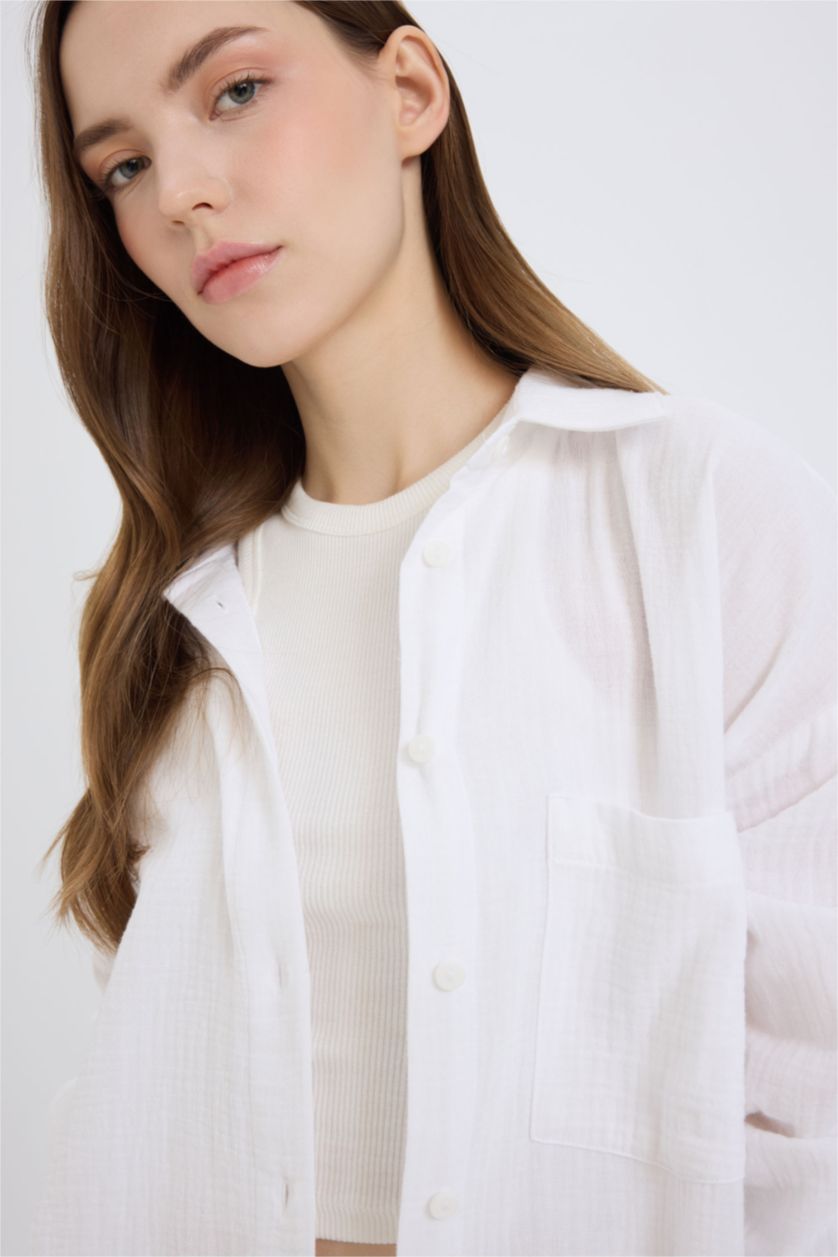 WOMAN White Oversize Fit Shirt Collar Muslin Long Sleeve Shirt
