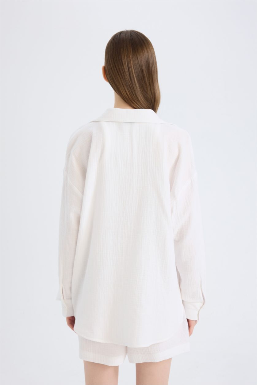 WOMAN White Oversize Fit Shirt Collar Muslin Long Sleeve Shirt