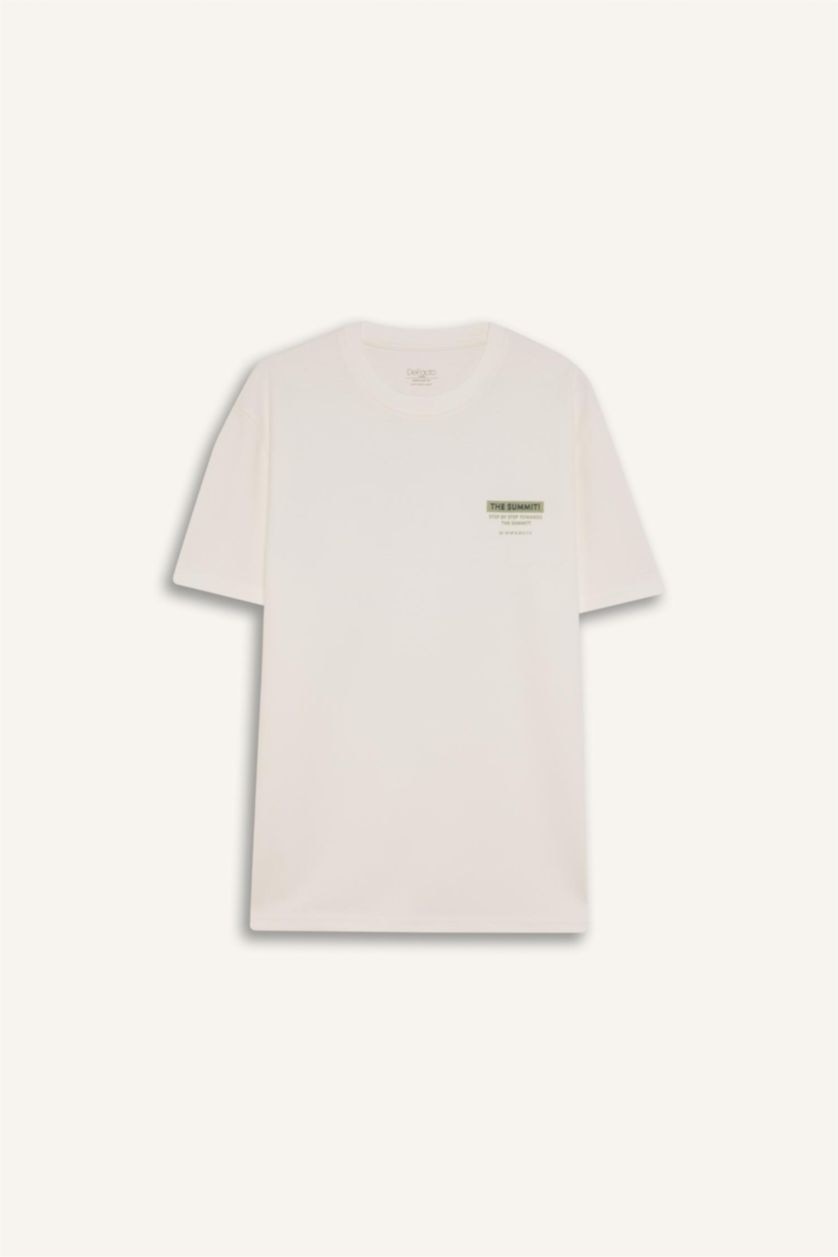 Erkek Ekru Regular Fit Bisiklet Yaka Sırt Baskılı Kısa Kollu Ağır Kumaş Tişört