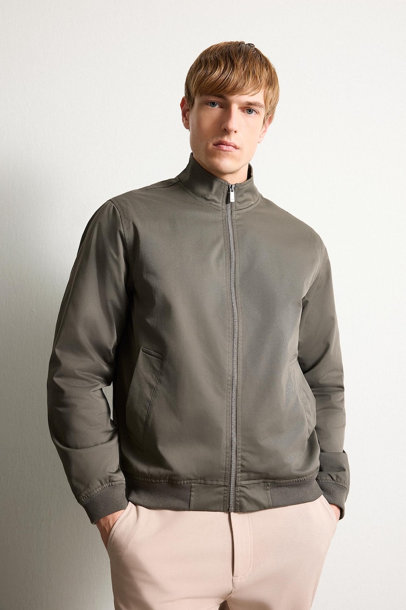 Men Dark Khaki Slim Fit Stand Collar Lined Zip-Up Jacket