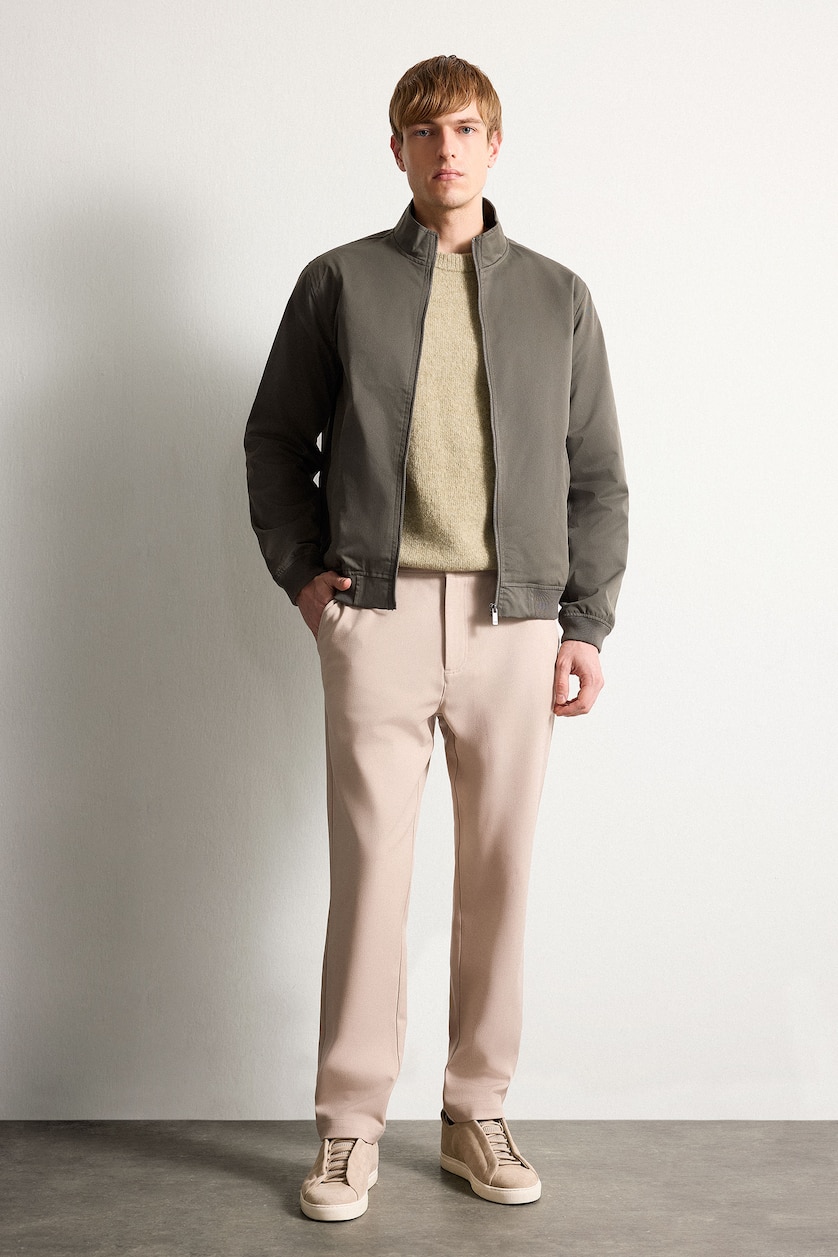 Men Dark Khaki Slim Fit Stand Collar Lined Zip-Up Jacket