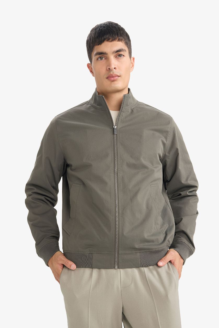 Erkek Koyu Haki Slim Fıt Astarlı Fermuarlı Mont