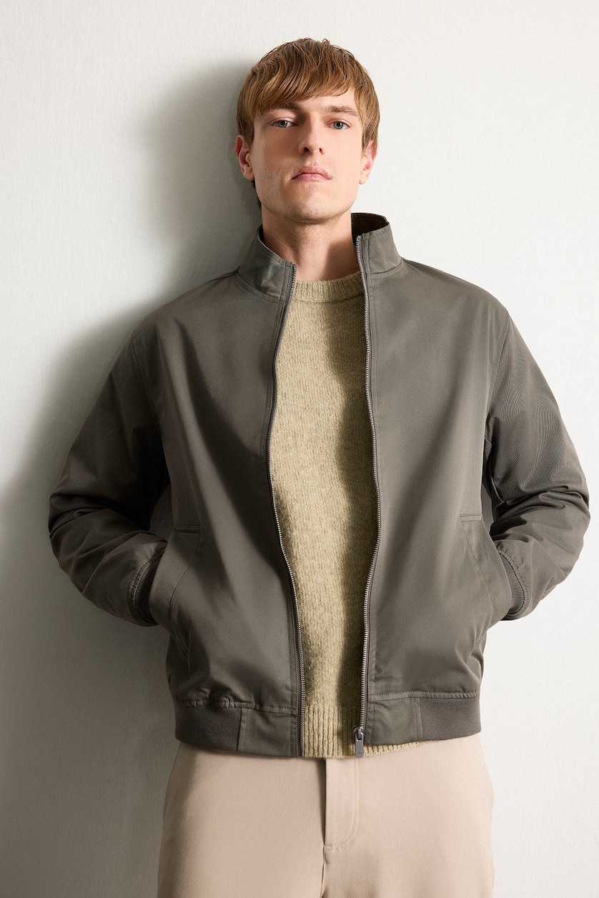 Men Dark Khaki Slim Fit Stand Collar Lined Zip-Up Jacket