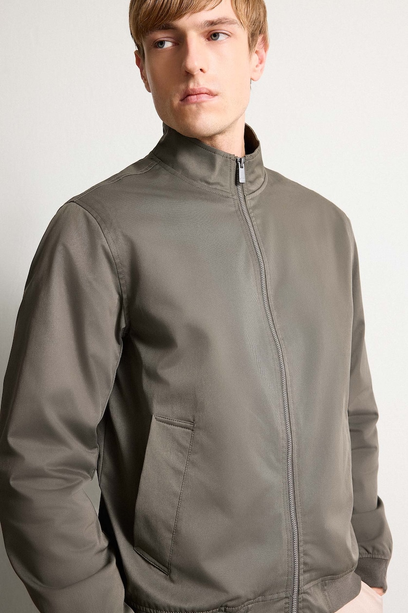 Men Dark Khaki Slim Fit Stand Collar Lined Zip-Up Jacket