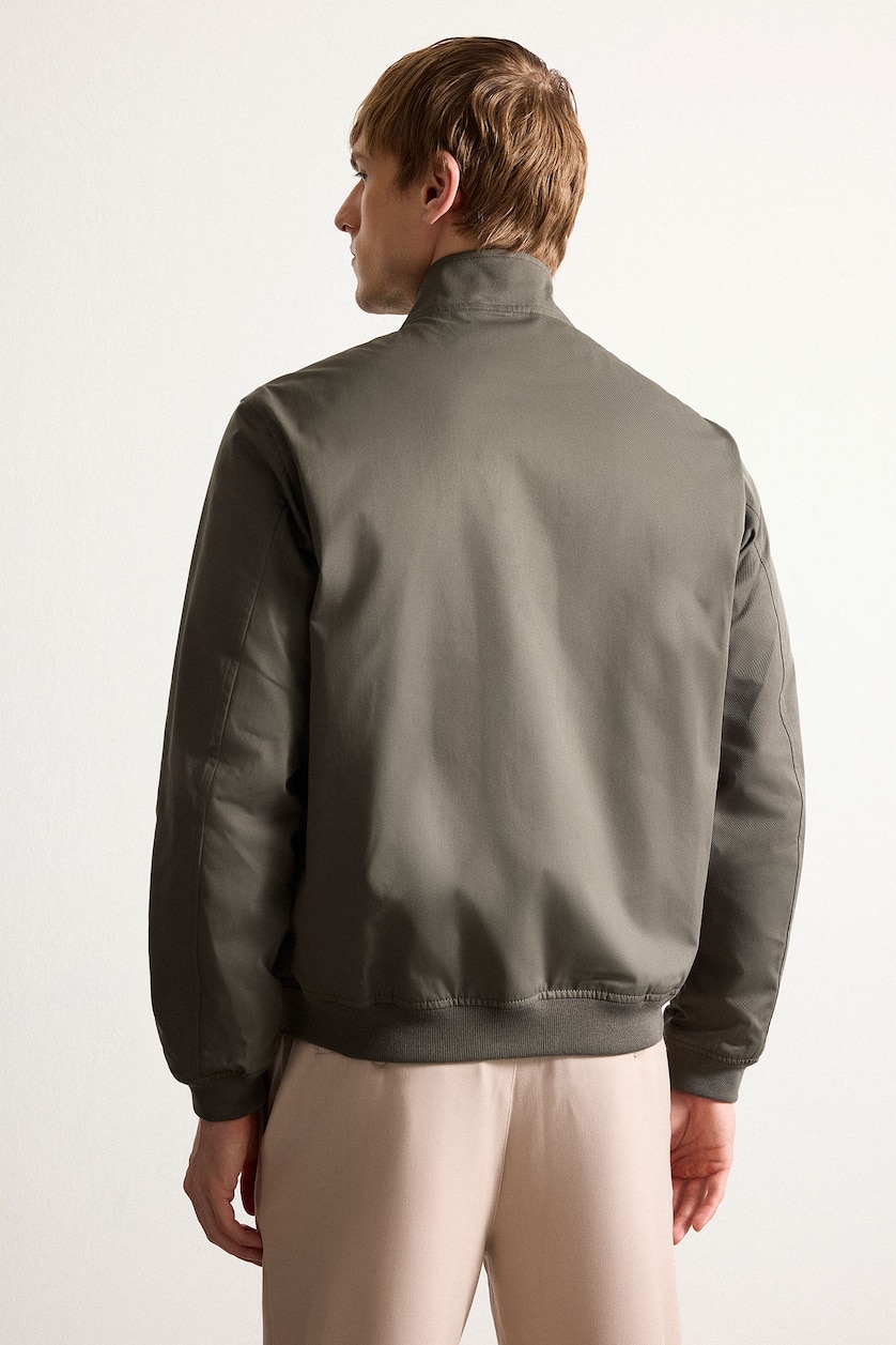 Men Dark Khaki Slim Fit Stand Collar Lined Zip-Up Jacket