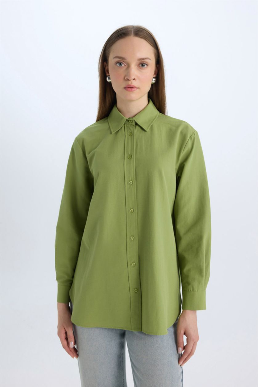 Kadın Yeşil Relax Fit Basic Düz Poplin Uzun Kollu Gömlek Tunik