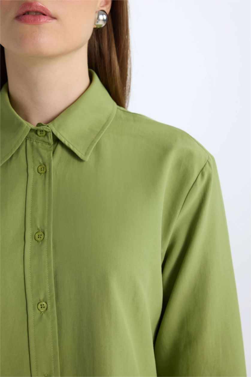 Kadın Yeşil Relax Fit Basic Düz Poplin Uzun Kollu Gömlek Tunik