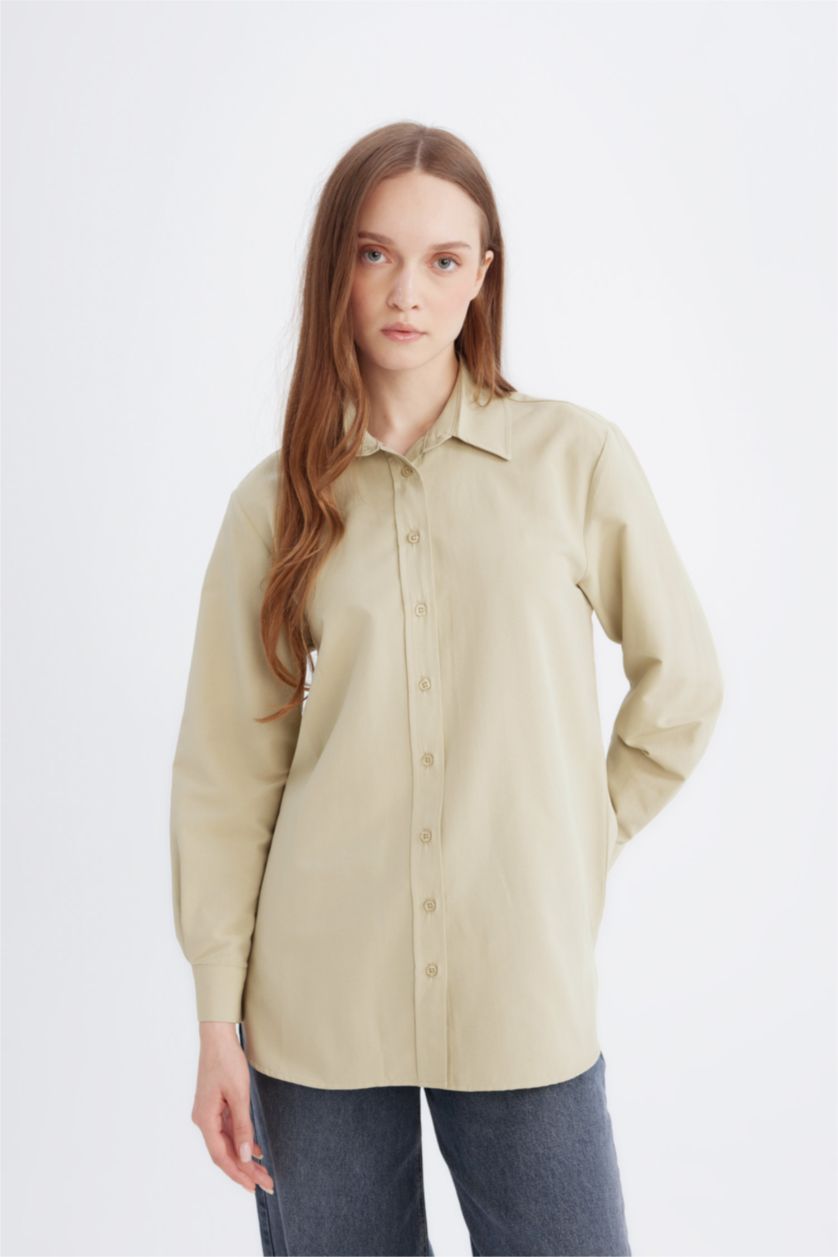 Kadın Açık Haki Relax Fit Basic Düz Poplin Uzun Kollu Gömlek Tunik