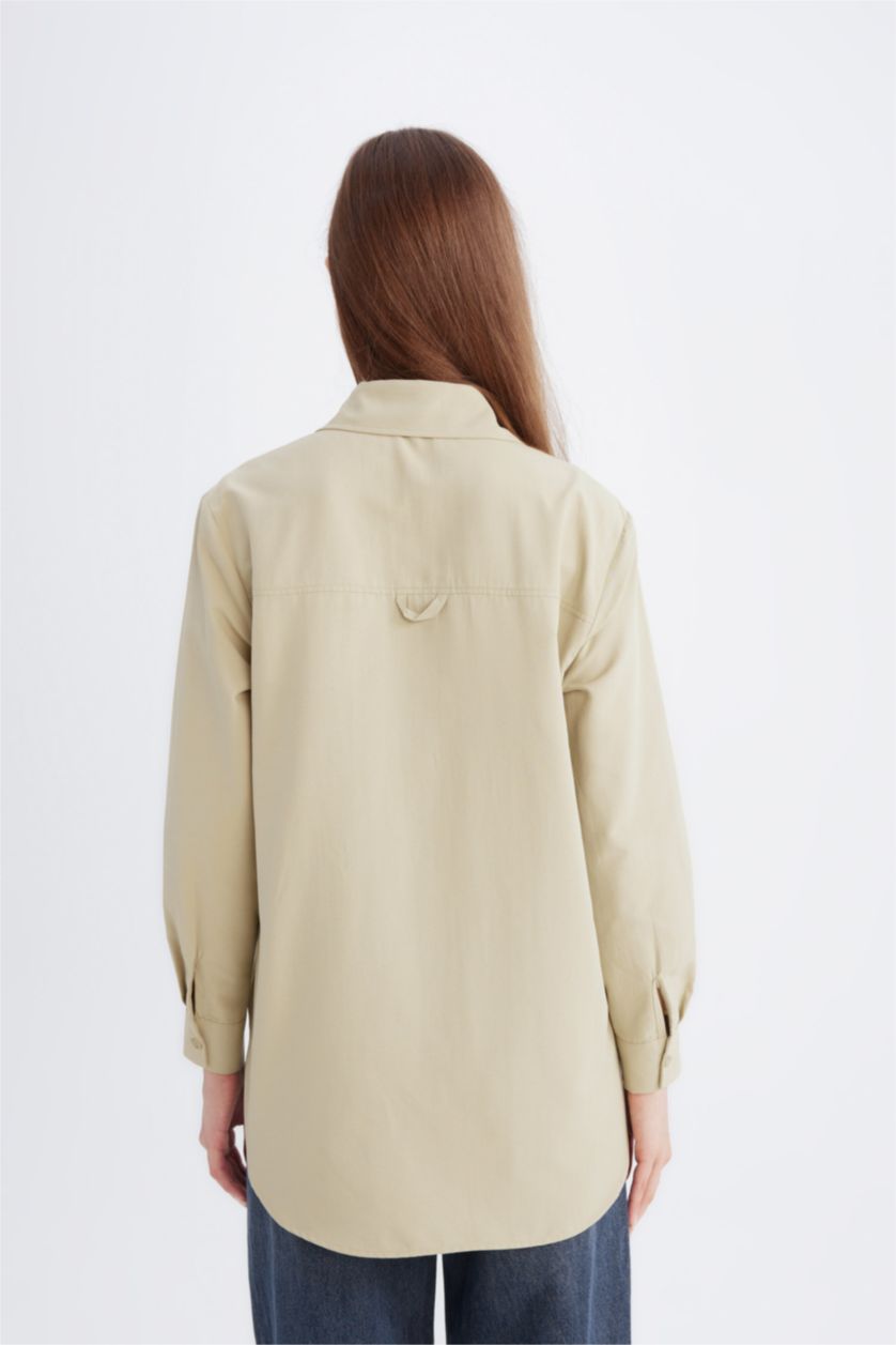 Kadın Açık Haki Relax Fit Basic Düz Poplin Uzun Kollu Gömlek Tunik