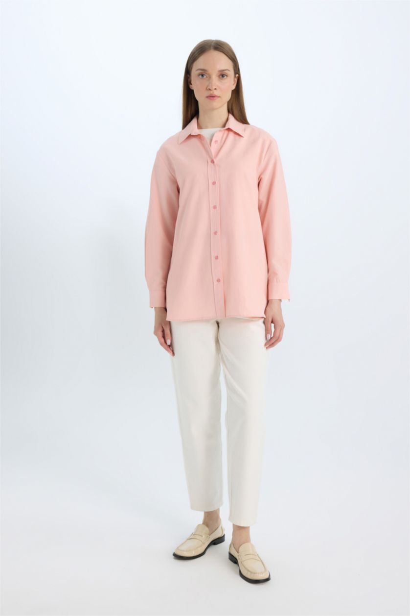 Kadın Koyu Pembe Relax Fit Basic Düz Poplin Uzun Kollu Gömlek Tunik