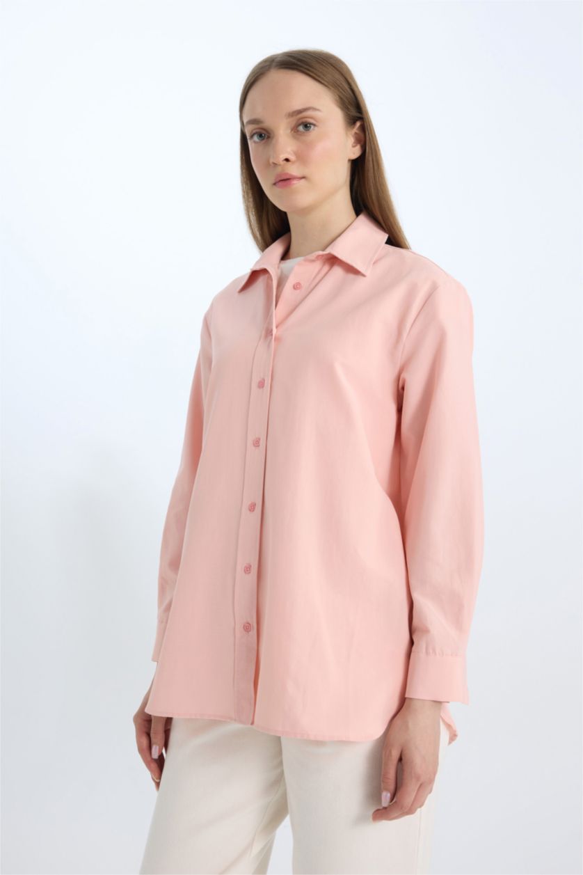 Kadın Koyu Pembe Relax Fit Basic Düz Poplin Uzun Kollu Gömlek Tunik
